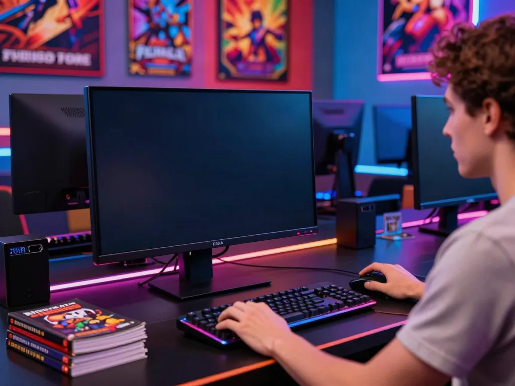 Engaged gamer at a modern desk playing akunjp slot games with vibrant setup.