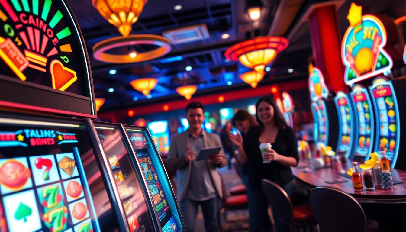 Menggambarkan pengalaman bermain bbni4d di mesin slot kasino yang berwarna cerah dan ramai.