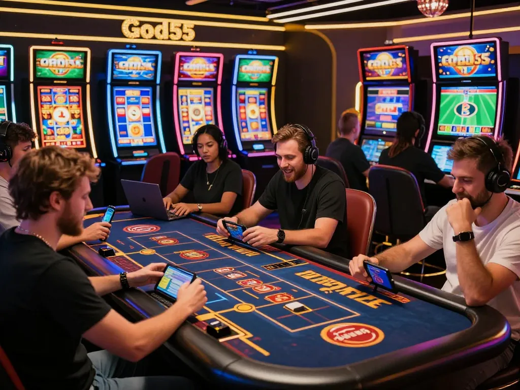 Engaged players enjoying live action at God55 casino with vibrant gaming atmosphere and modern technology.