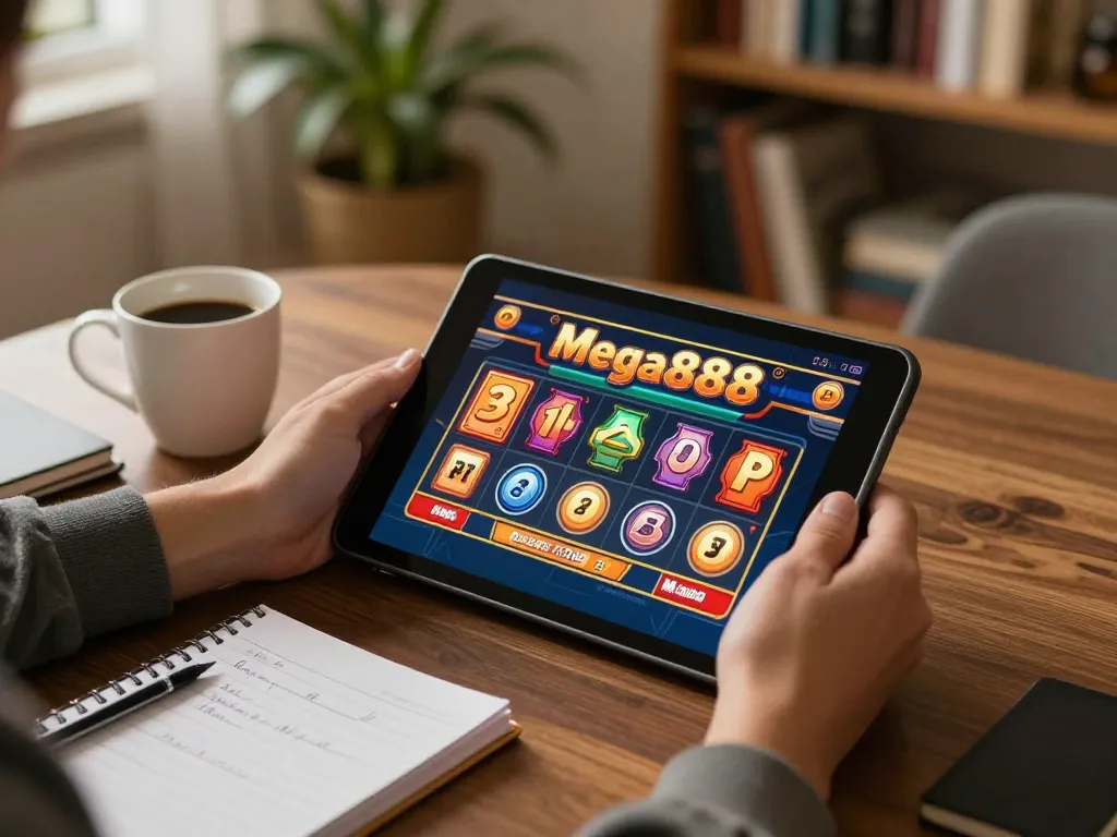Situasi menarik versi asli Mega888 dipaparkan pada tablet, menunjukkan permainan yang fokus.