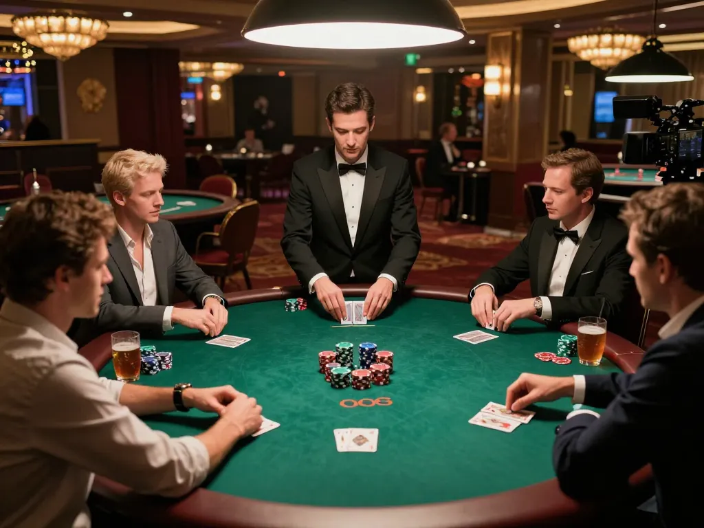 Kong 88 poker game in action, players strategizing with chips at an upscale casino table under warm lighting.