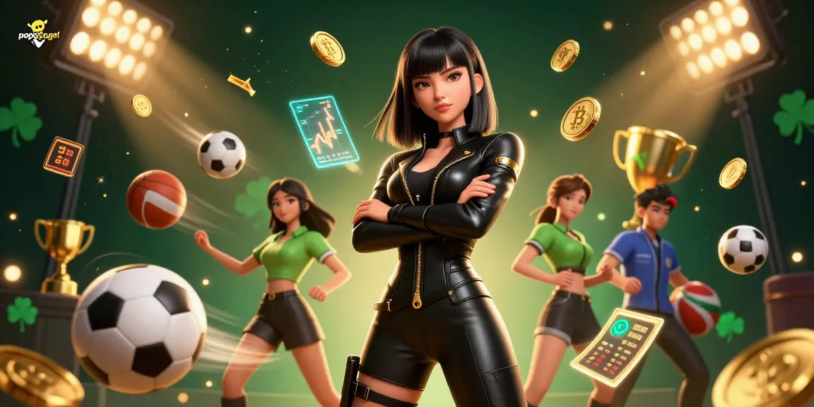 Experience popotogel excitement with an Asian woman in futuristic casino scene showcasing dynamic sports betting elements.