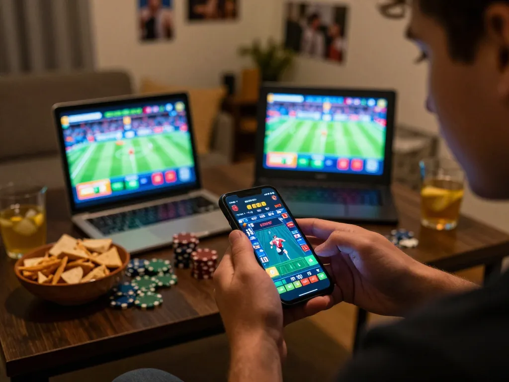 Engaging scene of mobile sports betting with user actively placing bets on the m106 app in a cozy home setting