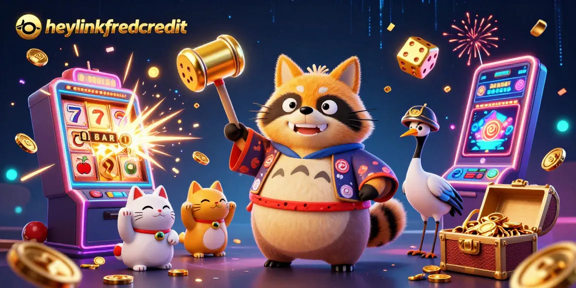 Play exciting casino games with heylinkfreecredit featuring cheerful tanuki, lucky symbols, and vibrant slots.