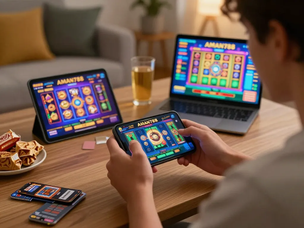 Engaging with AMAN788 slot game on mobile device in a comfortable home setting.