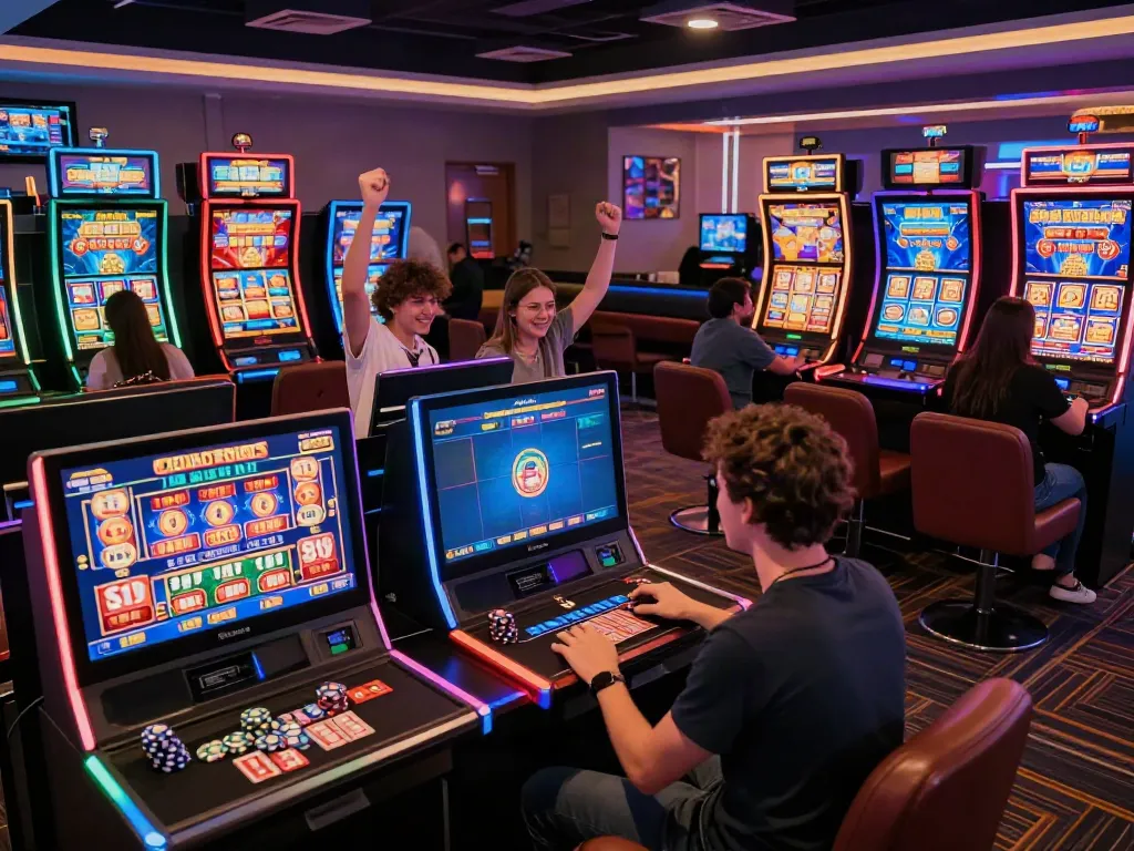 Exciting online gambling experience at akunjp's vibrant slot lounge with players enjoying games and celebrating wins.
