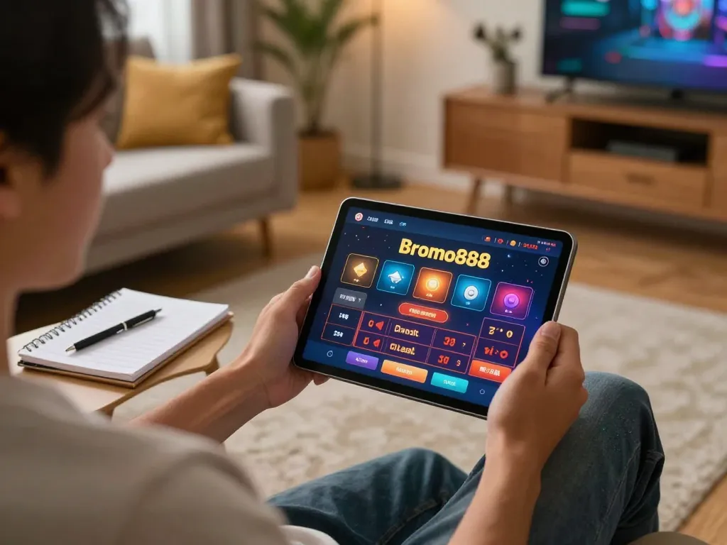 bromo888 online casino gaming setup with tablet interface and strategy notes in cozy home.