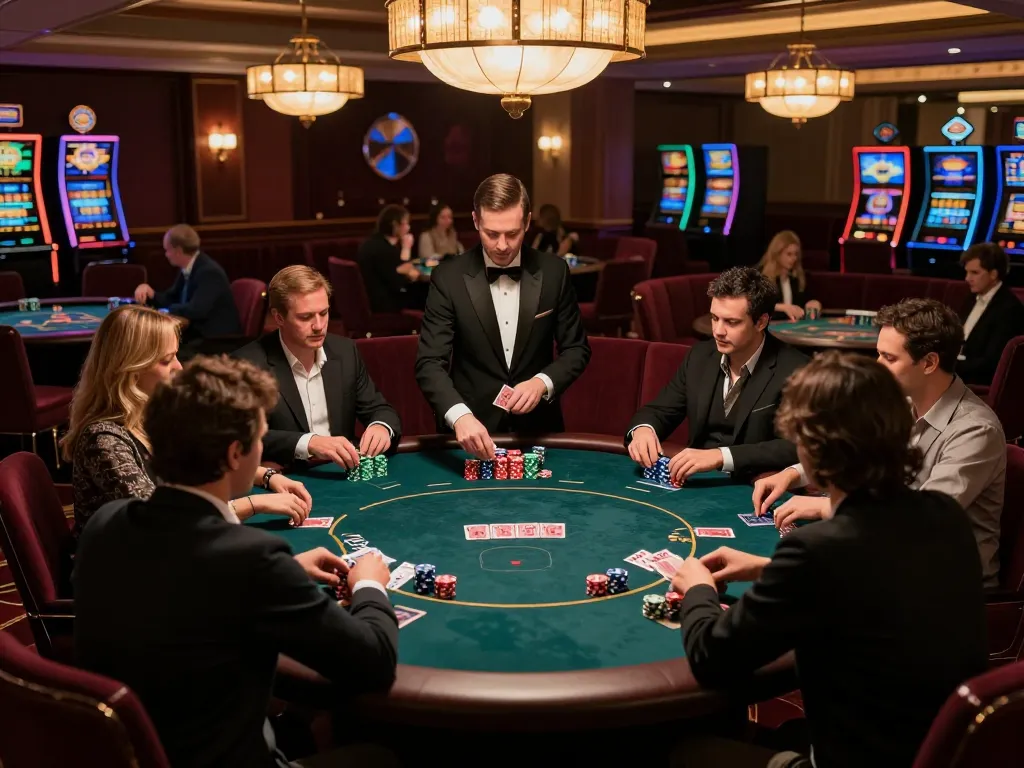 rik 88 players strategizing at a high-stakes poker table in an upscale casino lounge