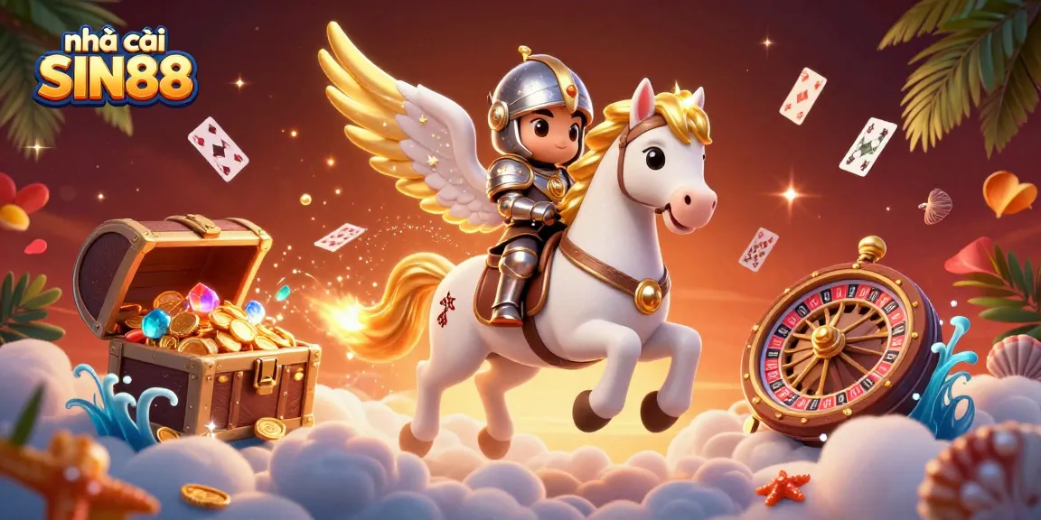 Bet on exciting games at nhà cái SIN88, featuring a vibrant 3D scene with galloping horse and casino elements.