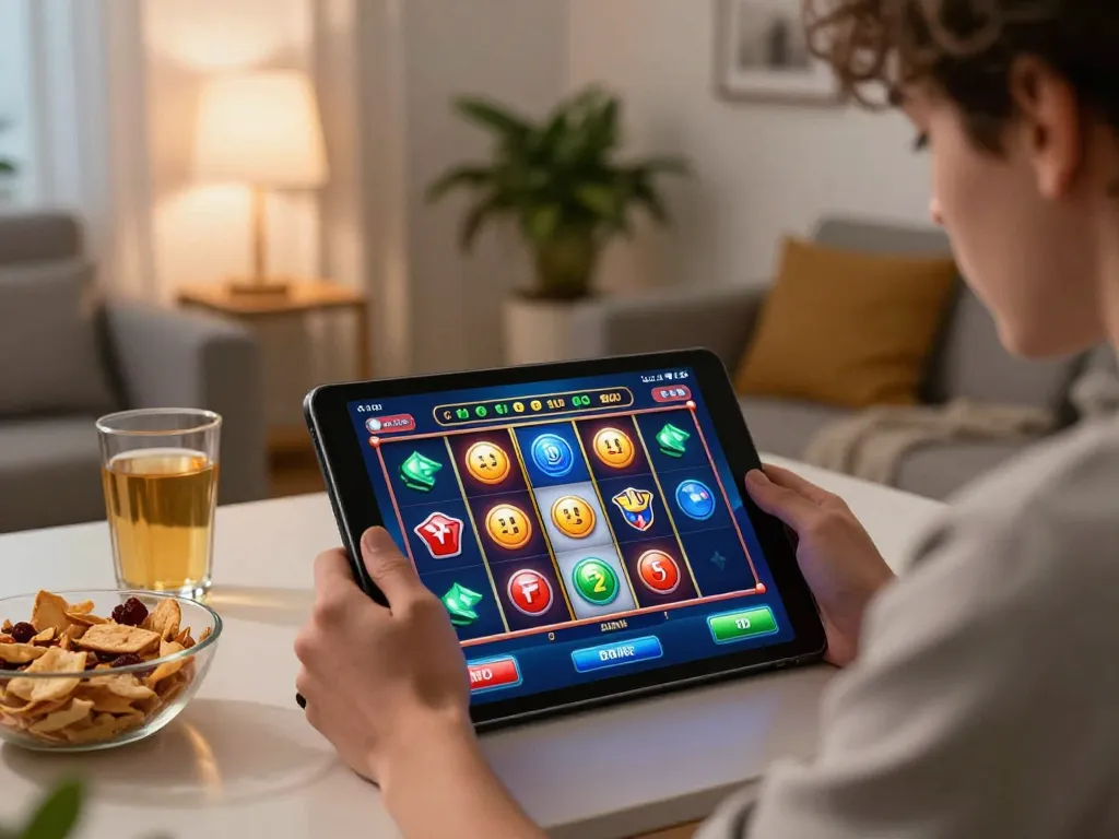 Engaging mobile gambling session on a tablet featuring situs gacor with colorful slots in a cozy home setting.