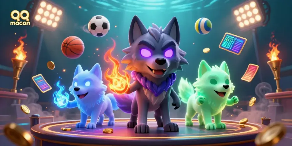 Engage with qq macan gaming excitement featuring 3D wolves, sports elements, and glowing visuals.
