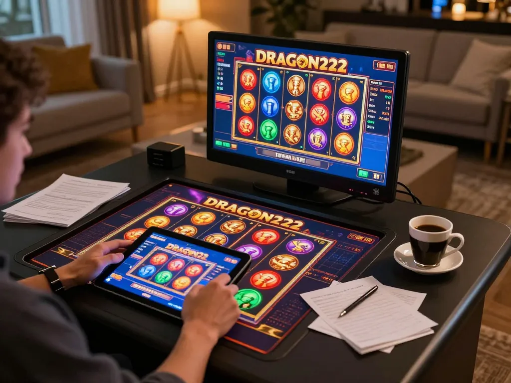 Play the exciting DRAGON222 slot game on tablet at home, surrounded by strategic notes and coffee.