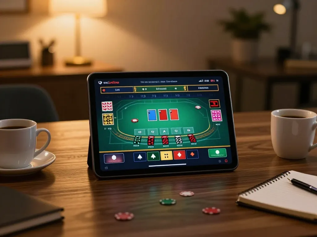 Engaging player enjoying Kasino game on tablet in a cozy home environment.
