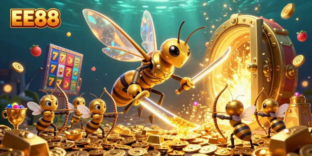 Experience the excitement of EE88 with a vibrant 3D illustration featuring a golden hornet and treasure vault.