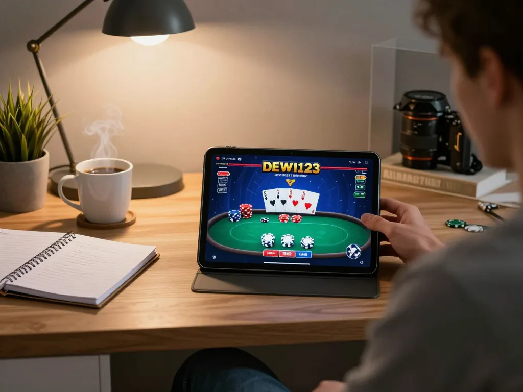 Pemain merencanakan strategi saat bermain di aplikasi poker DEWI123 melalui tablet di kantor rumah yang nyaman.