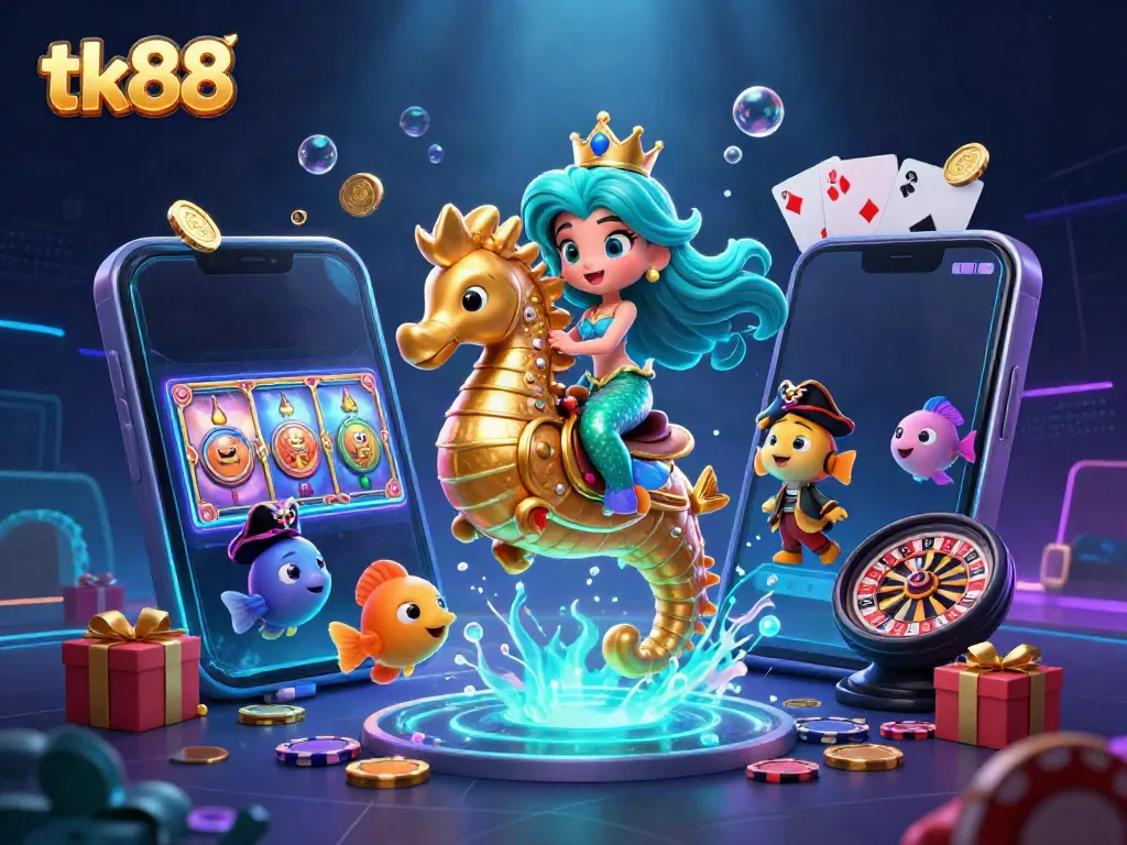Experience the excitement of tk88 slots with a vibrant underwater casino scene featuring cartoon characters.