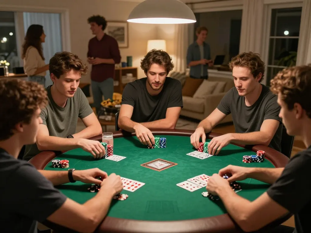Friends enjoying a competitive poker night at home with 77WIN chips and cards, creating a lively atmosphere.