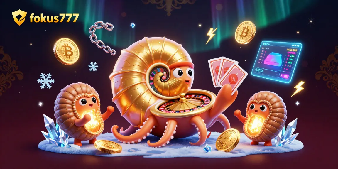 Spin the fokus777 roulette with a charming nautilus character amidst vibrant crypto elements.