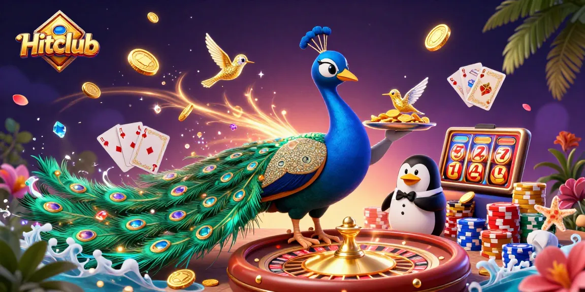 Engaging casino visual featuring Hitclub's vibrant scene of a peacock, penguin, and hummingbird amidst dynamic gaming elements.
