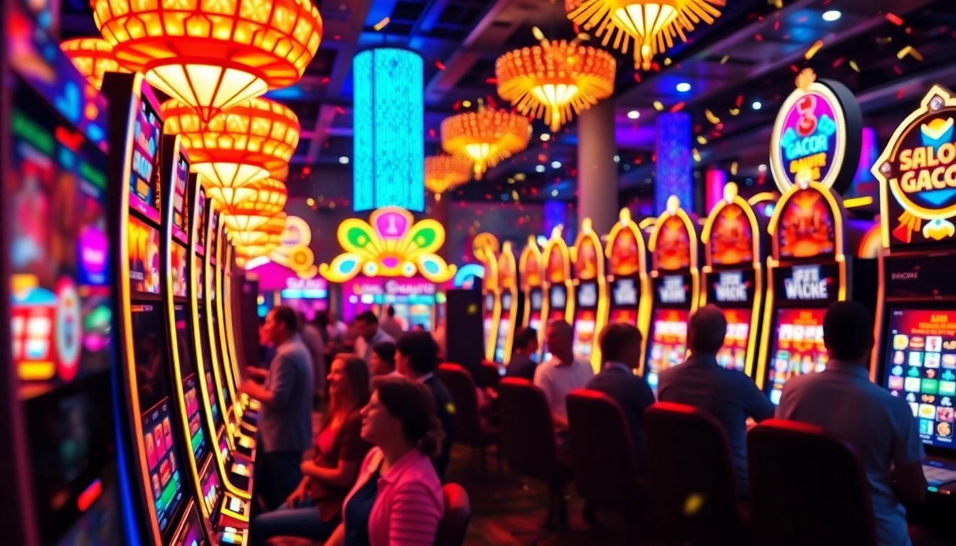 Players enjoying the exciting as38 slot gacor hari ini machine among colorful casino decor.