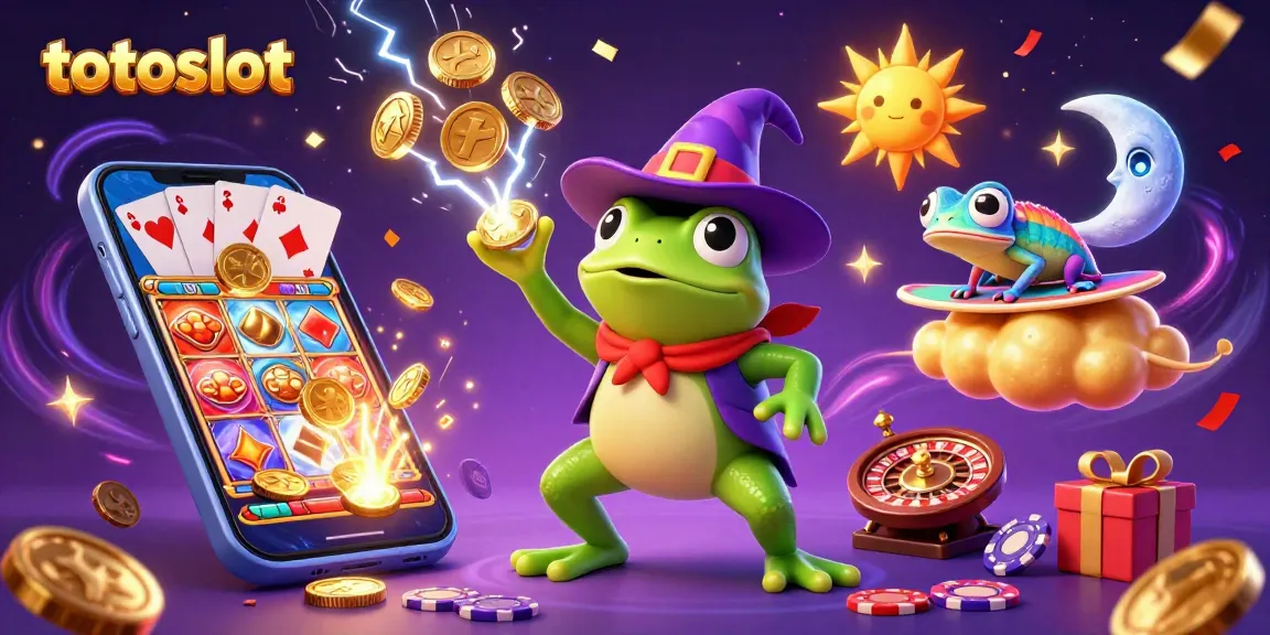 Experience win with totoslot in a vibrant casino scene, featuring a wizard frog and chameleon.