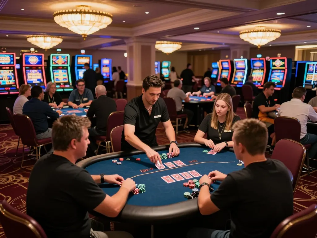 Kp88 casino scene showing players engaged at a poker table, vibrant gaming atmosphere.