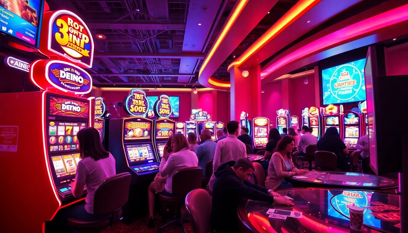 Spiele aufregend casino spielen online in einem lebhaften Kasino mit Spielern und Spielautomaten.