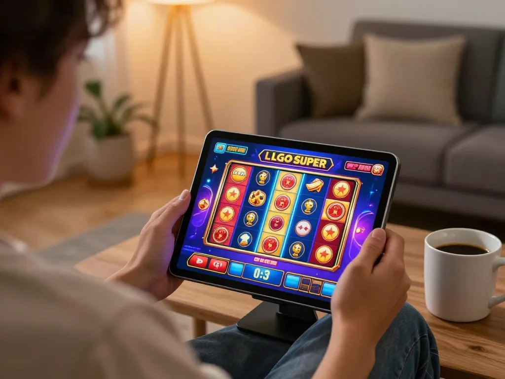 Engaging session on LGOSUPER with player using tablet for online slot games and enjoying home comforts.