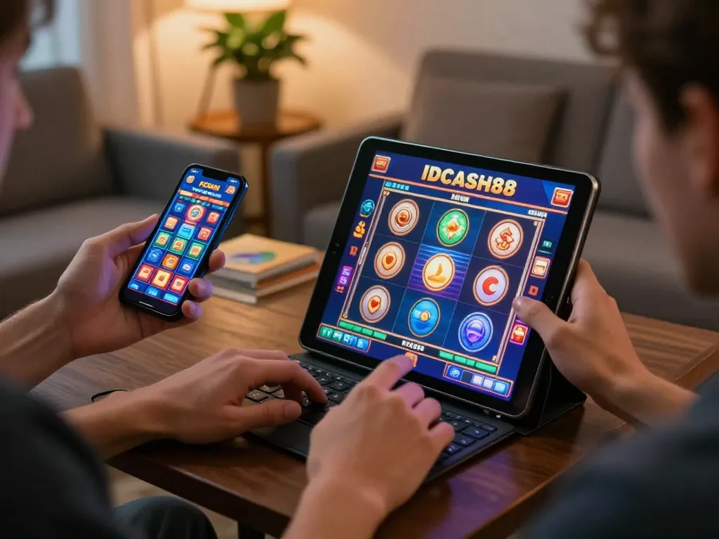 IDCASH88 players enjoying thrilling online slot games from cozy surroundings.