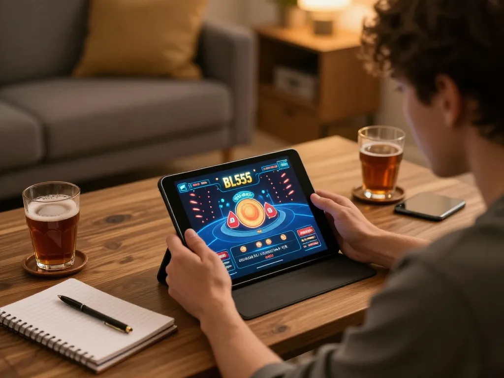 Engaging with BL555 casino on tablet while studying betting strategies in a cozy home