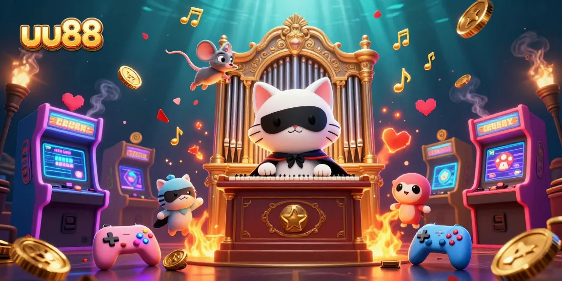 Experience thrilling gameplay at uu88 with a dynamic casino scene featuring charming characters and arcade elements.