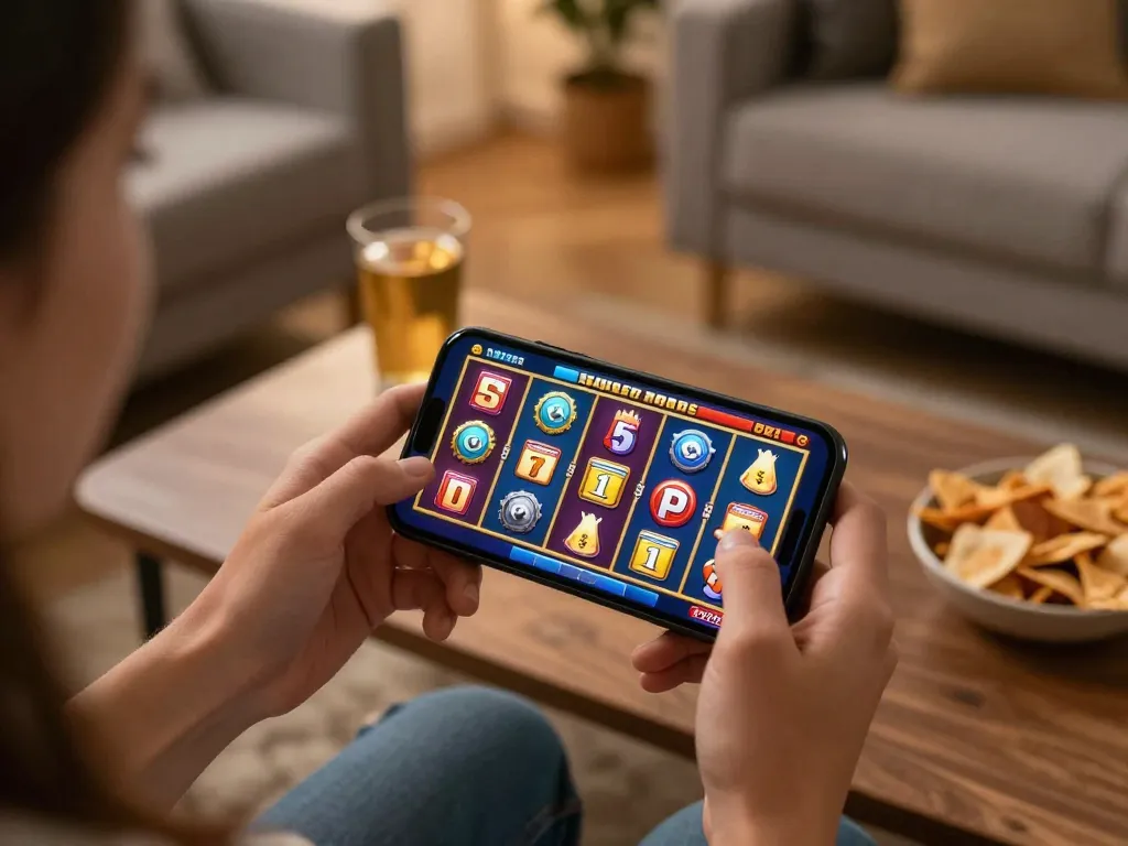Engaging moment playing online slots with a smartphone, anticipating a slot bonus win.