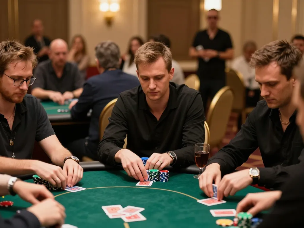 Players strategizing in a luxurious poker tournament setting at TA88 casino.