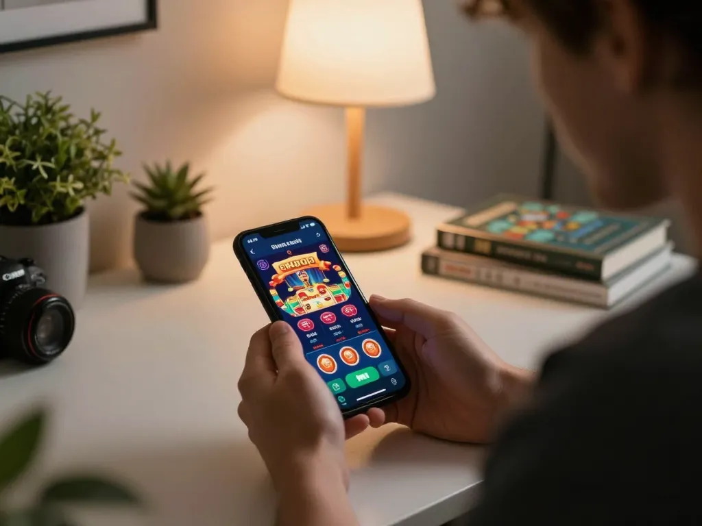 Sesi permainan mobile yang menarik dengan aplikasi emaqq di smartphone, menampilkan strategi permainan online dan kenyamanan rumah.