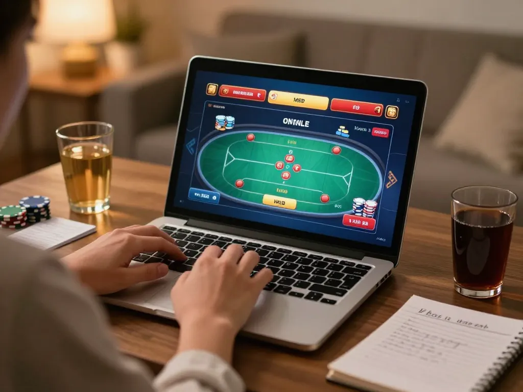 Engaging SC 88 online casino poker game on a laptop with player interacting in a cozy home setting.