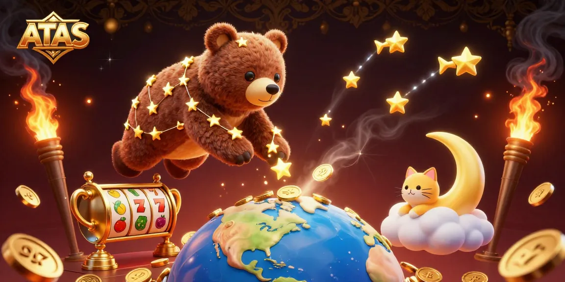 Engage with ATAS through a 3D casino scene filled with vibrant slot reels and gold coins.