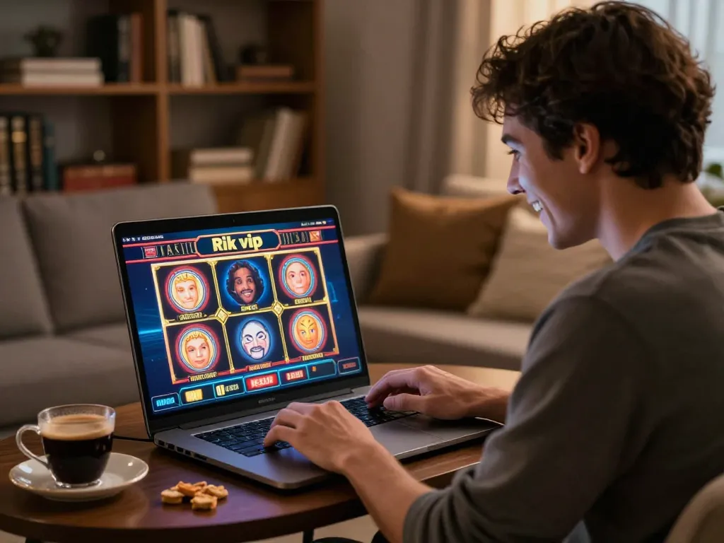 Playing slots on rik vip in a cozy home setting with snacks and drinks.