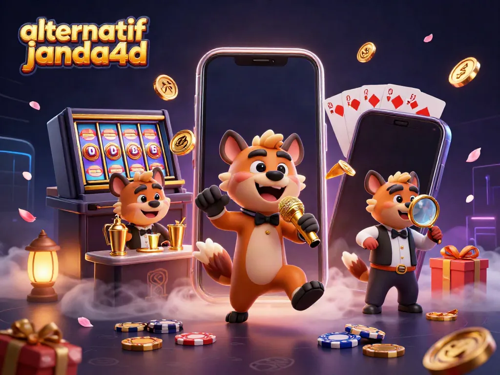 Ilustrasi 3D alternatif janda4d dengan hyena di kasino yang menunjukkan permainan slot dan elemen kasino lainnya.