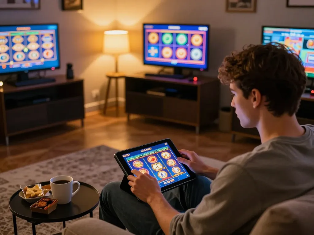 Pemain menikmati slot gacor gampang menang di tablet, terbenam dalam pengalaman bermain game online di rumah.