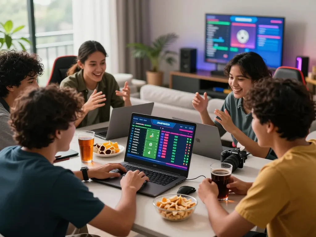Friends joyfully engaging in Judi Bola betting online, vibrant atmosphere with screens displaying football stats.