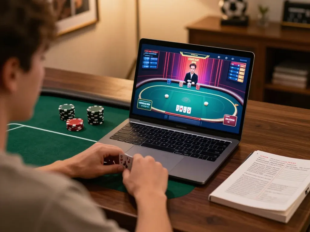 F168 player strategizing in a cozy home poker game, laptop displaying vivid online casino interface.