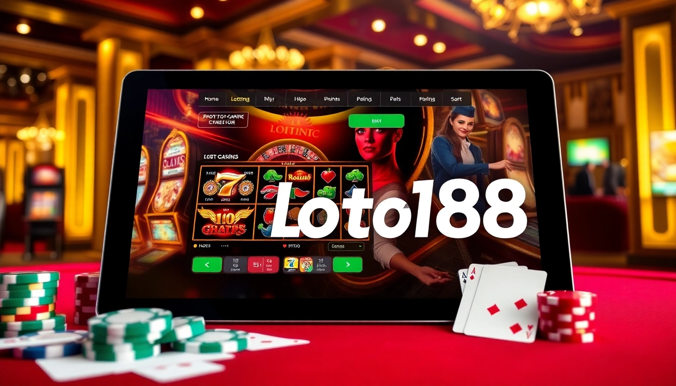 Loto188 online gambling experience with vibrant casino elements on tablet, featuring slots and roulette.