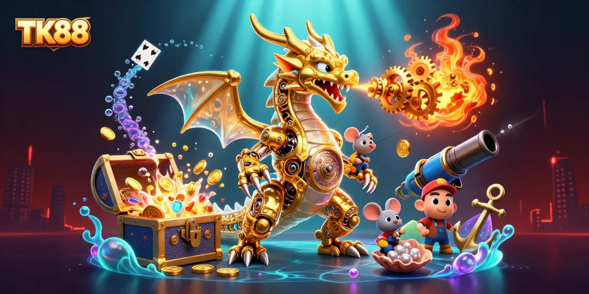 Engage with TK88's thrilling casino experience featuring a golden dragon and treasures.