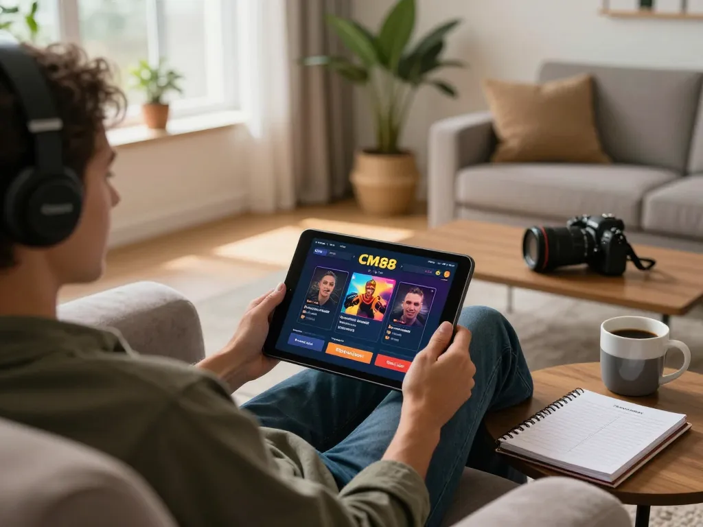 Player engaging on CM88 online gaming app at home, cozy atmosphere with strategy notes.