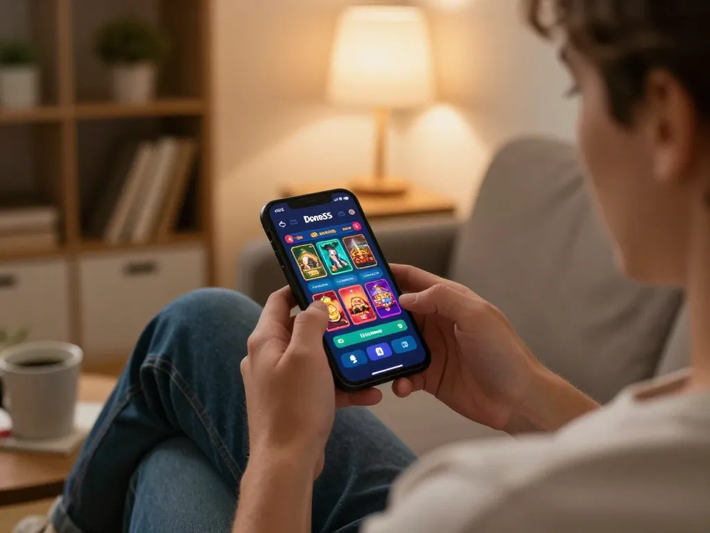 Engaging with the Done55 gaming app on a smartphone in a cozy home setting, showcasing the user-friendly interface