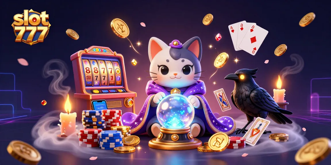 Spin the slot 777 reels with a mystic cat and tarot raven in a vibrant casino scene.