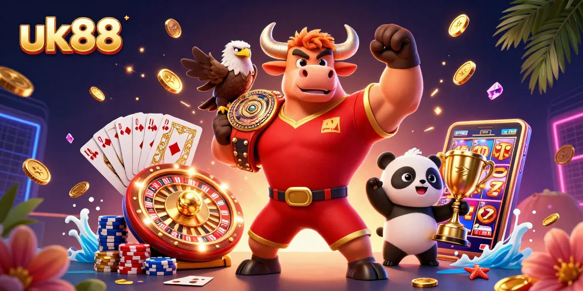 Win big at uk88 with a cheering bull, eagle, and panda in a vibrant casino-themed scene.