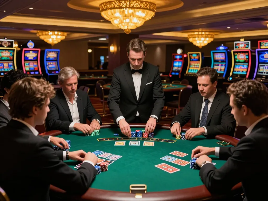 Engaging players strategizing at sc88 blackjack table in upscale casino setting