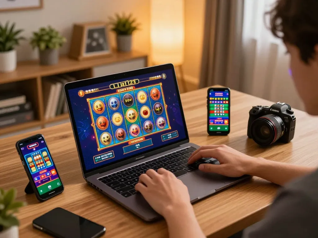 Engaging online gaming with ulat123 displayed on laptop screen, showcasing vibrant slot reels and a mobile device with live dealer game.