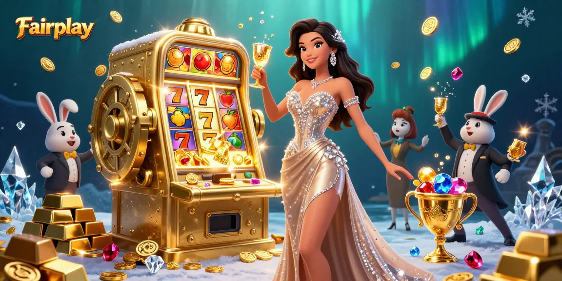 Experience Fairplay with a stunning casino scene featuring a woman toasting beside a jackpot slot machine.